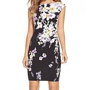 Lauren Ralph Lauren Womens Black Floral Print Dress Ruched‎ Party Wedding Size 8